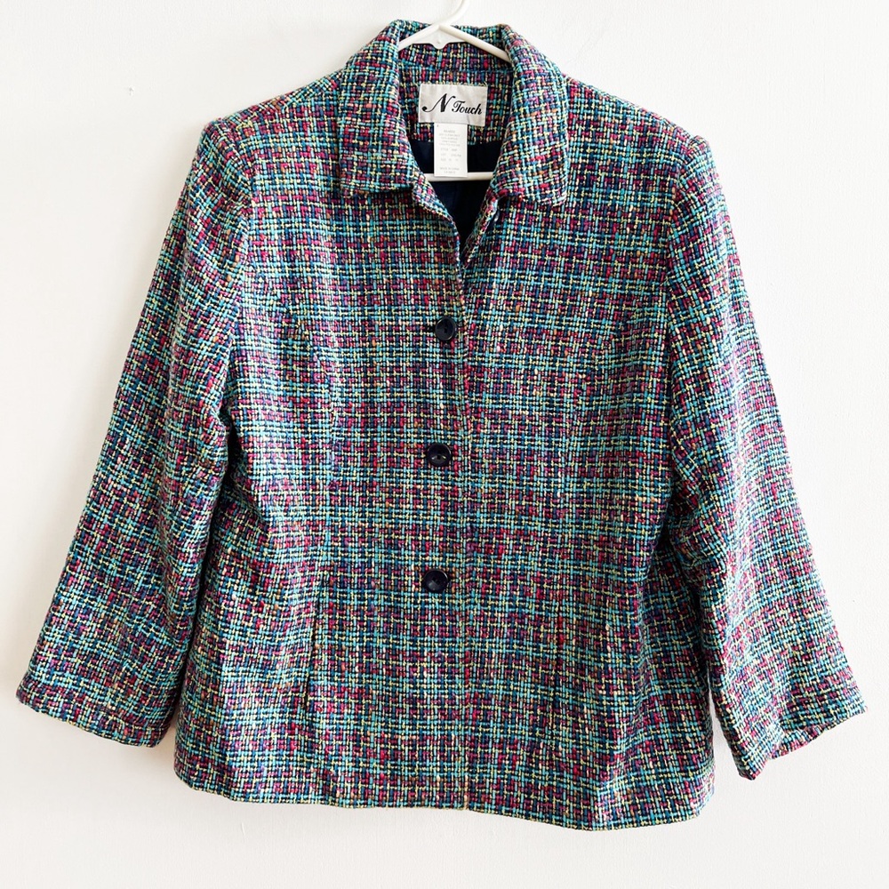 N Touch Vintage Tweed Blazer Womens Size 6P Button Front Long Sleeve Blue